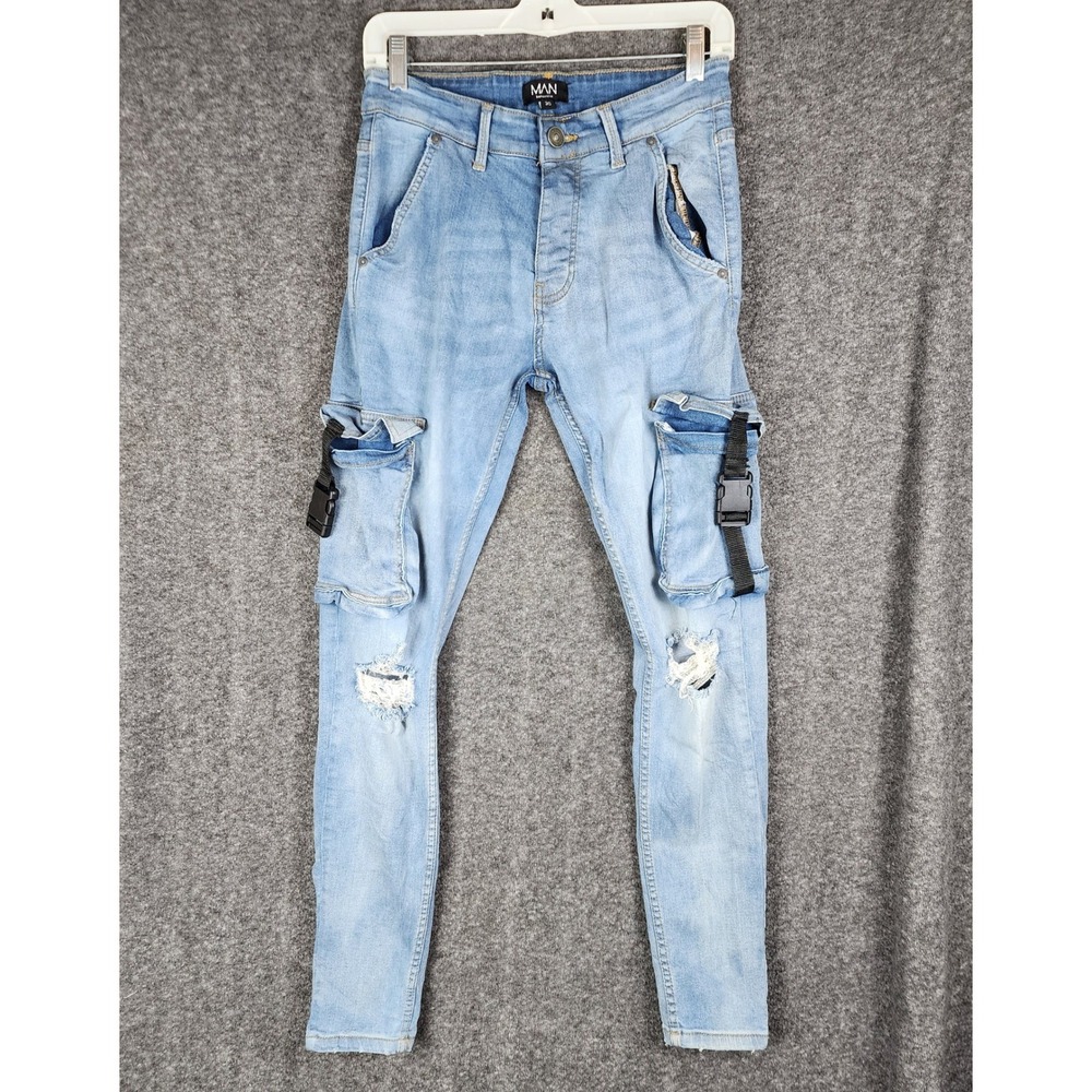 boohooMAN‎ Cargo Jeans Mens 30 Light Blue Skinny Fit Buckle Strap Utility Denim